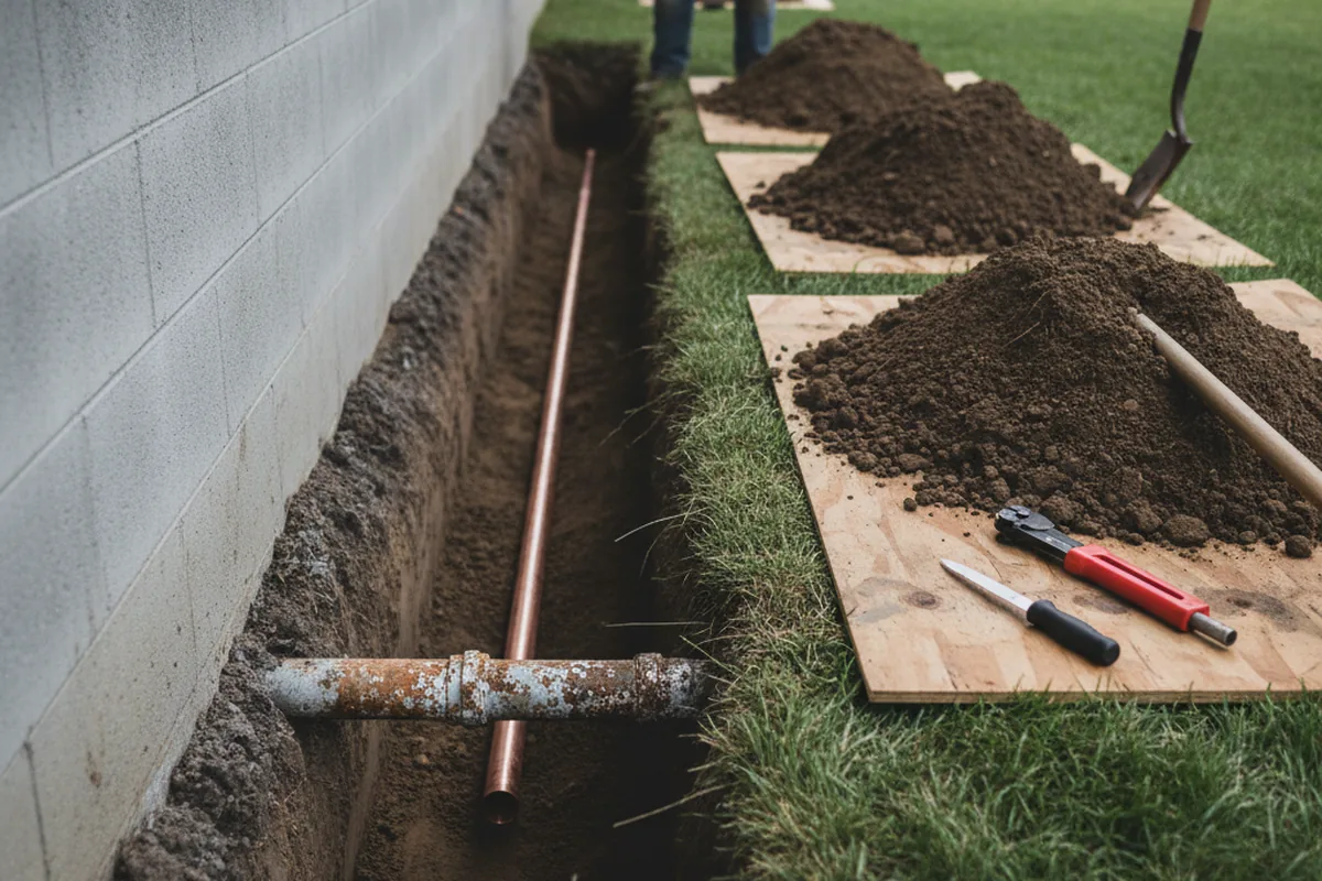 Excavated water line trench during Water Softener Installation in Graham